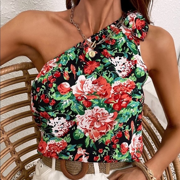 Boho Floral Print One Shoulder Top Blouse - Picture 12 of 15